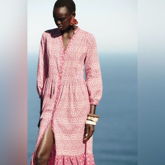 ZARA BOHO PRINTED MIDI RUFFLED DRESS - Picture 8 of 16